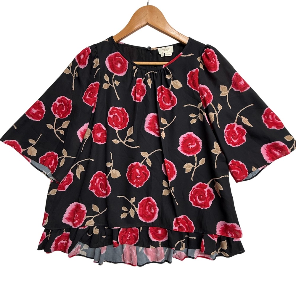 Kate Spade Live Colorfully Rose Floral‎ Layered Blouse Women's Small Black